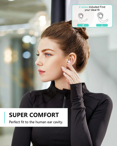 Silicone Sleep Ear Plugs For Noise Reduction And Sound Blocking, soft pink ear plugs being used by woman for a comfy fit
