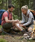 Two hikers with backpacks sit by a campfire; one applies a bandage to the other's knee.
