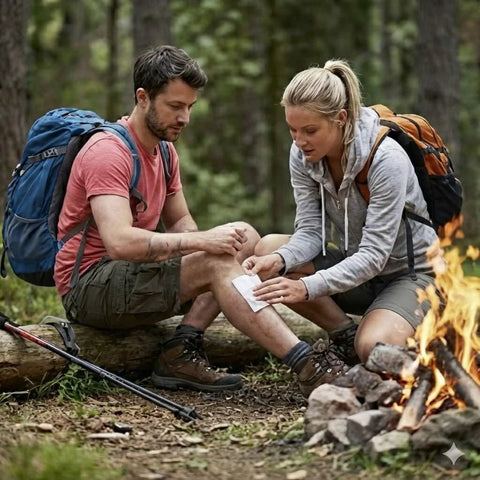 Two hikers with backpacks sit by a campfire; one applies a bandage to the other's knee.