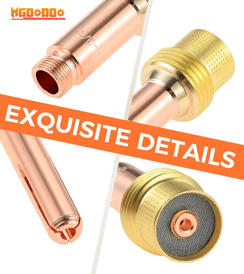 Copper and brass components from All-In-One TIG Welding Consumables Kit With Ten 3/32 Inch 10N24 TIG Collets And Five 45V26 Gas Lens Collet Bodies For WP-17 WP-18 WP-26 Torches Compatible With Lincoln PTA And Miller Diamondback Delivers Smooth Starts And Reliable Welds
