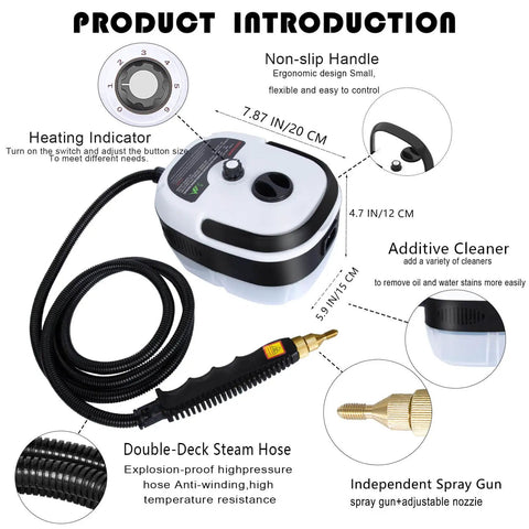 Nifty Handheld Steam Cleaner With 2500W Power And 1000ML Tank For Deep Home Cleaning showing non-slip handle, hose, and controls.