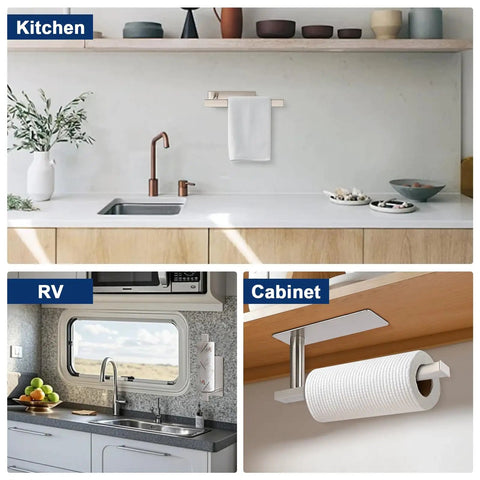 No Drill Self Adhesive Towel Holder 9 Inch Stainless Steel Bar in Brushed Gold Finish mounted in various kitchen settings