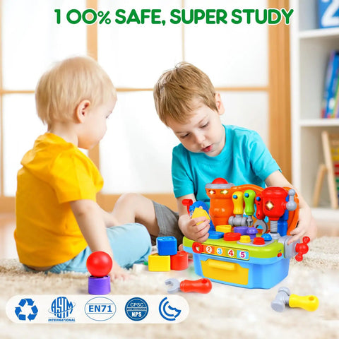 Children play with Musical Toddler Tool Bench Set For One Year Olds, Montessori Educational Play Kit with tools.