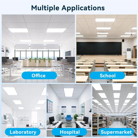 Multiple applications of 1 Pack 2x4 LED Flat Panel Light 70W 7700LM Recessed Ceiling Fixture in office, school, hospital, and supermarket