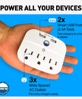 Cruise Ship Ready Must Have Power Strip With Two USB Ports, Non Surge Protector, held in hand showing ports and outlets.