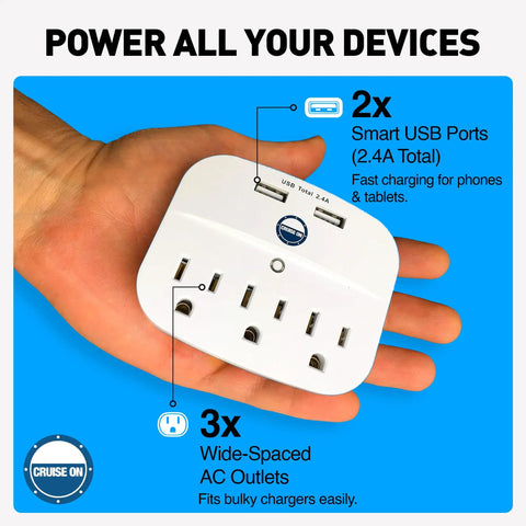 Cruise Ship Ready Must Have Power Strip With Two USB Ports, Non Surge Protector, held in hand showing ports and outlets.