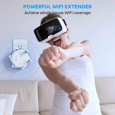 Person using VR headset in front of Massive WiFi Coverage Extender Boost With Dual Band Five GHz And Two Point Four GHz Repeater.