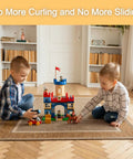 Two children playing on flat rug secured by Triangular Anti Slip Rug Grippers For Flat Rugs Reusable And Washable Clear 8 Pack on hardwood floor.
