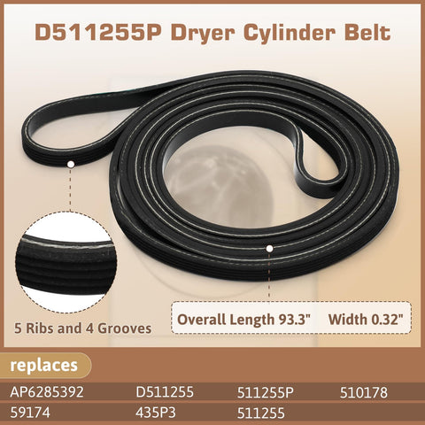 D511255P dryer cylinder belt for Ultimate Dryer Repair Kit For 1992 And Newer SM Series Dryers, 93.3-inch length, 0.32-inch width