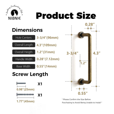 Diagram showing dimensions of Ten Pack Antique Brass Cabinet Pulls With Center To Center Mounting Of Three And Three Quarters Inches And Four Point Three Inches Overall Length Vintage Drawer Pulls For Cabinets And Dressers Includes Screws.