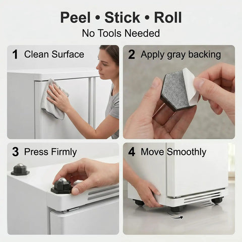 Step-by-step guide showing installation of Heavy Duty Hex Self Adhesive Caster Wheels for smooth appliance mobility.