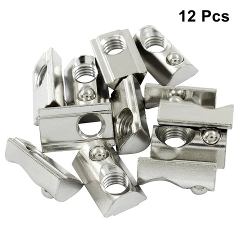 Roll On M8 Half Round Sliding T Nuts For 4040 Extrusion Frames 12 Piece Set of shiny nickel-coated fasteners for secure framing.