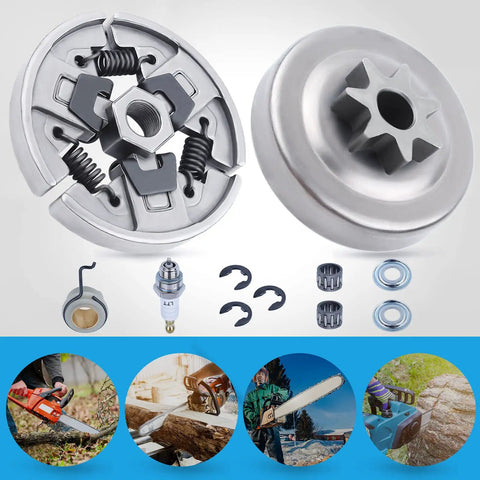 Sprocket Clutch Drum Kit Built Tough With Three Eighths Inch 7T Needle Bearing For MS290 MS390 MS310 Chainsaw Replacement Parts With Worm Gear Washer E Clip Spark Plug 11296402000 displayed with parts and accessories.