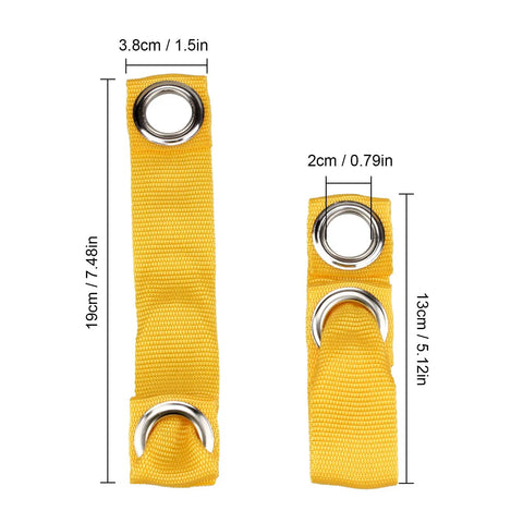 Two sizes of Yellow Tie Cord Leash For Game Fowl And Poultry, Adjustable Nylon Strap For Chickens, showcasing measurements.