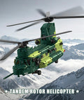 Remote Control Military Helicopter Building Blocks Set With Realistic Tandem Rotor Design flying over snowy mountains