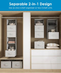 Versatile Six Shelf Hanging Closet Organizer With Split Shelf Design And Three Removable Drawers For Ultimate Flexibility Plus Four Mesh Storage Pockets, shown as 2-in-1 setup.