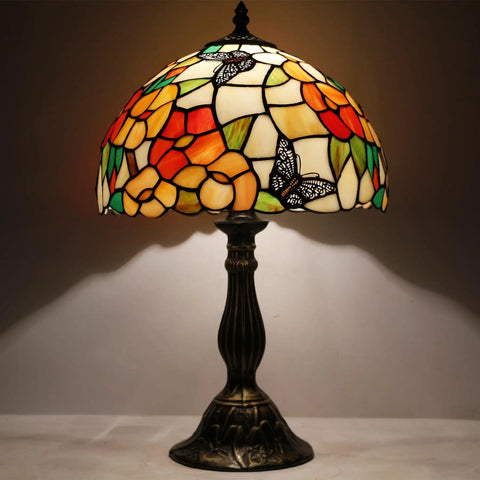 Pink Tiffany Style Table Lamp With Butterfly Stained Glass Shade, 12x12x18 Inches, antique green bronze base, S275 Series