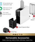 RectoCafé Espresso Machine For Nespresso Original Capsule Pods 20 Bar Professional Italian Pump Tiny But Mighty Ultra Mini Coffee Maker in white with removable accessories, including drip tray and water tank.