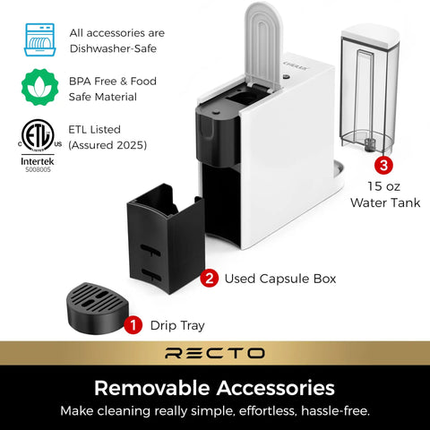RectoCafé Espresso Machine For Nespresso Original Capsule Pods 20 Bar Professional Italian Pump Tiny But Mighty Ultra Mini Coffee Maker in white with removable accessories, including drip tray and water tank.