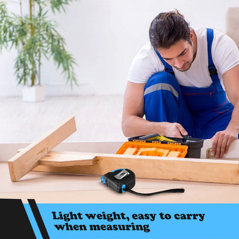 Man using 20 Pack Easy Read Measuring Tapes 12 Ft Retractable With Pause Button And Lock For Pros And DIYers, Autowind Tech, Blue