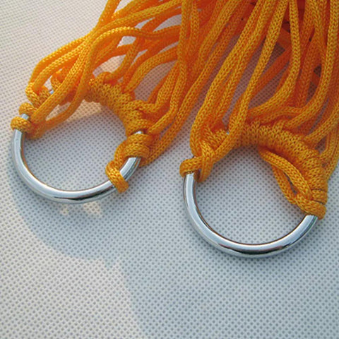 Metal hanging loops of Outdoor Nylon Rope Hammock Swing With Mesh Seat, Ultra Breathable Hanging Bed, vibrant orange