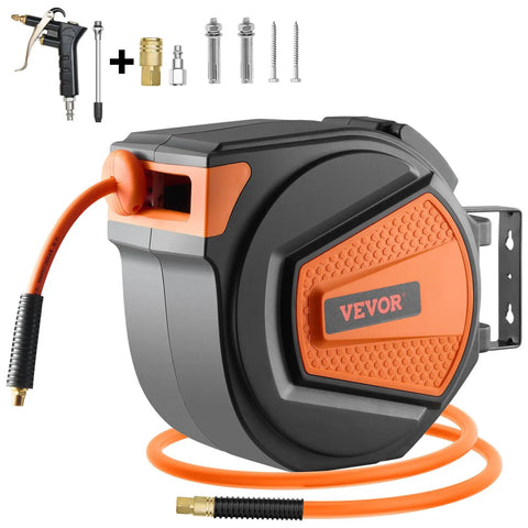 Shop Grade Retractable Air Hose Reel With Sixty Five Foot Three Eighths Inch Hybrid Hose Auto Rewind 300 PSI Ceiling Or Wall Mount Enclosed Reel With Built In One Eighty Degree Swivel Bracket