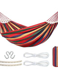 Two Person Portable Camping Hammock Bed With Anti Roll Balance Beam And Tree Straps, 550 Pound Capacity, red striped fabric