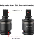 CR-MO steel 3/4-inch U-joint with spring-loaded detent balls, featuring Three Quarter Inch Drive Impact Universal Joint Built Tough From CR MO Steel With Flexible Radius Corner Design For U Joint Sockets And Full 360 Degree Swivel To Access Tight Spaces.
