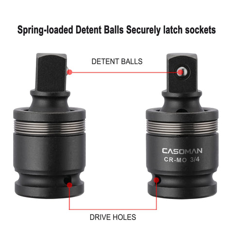 CR-MO steel 3/4-inch U-joint with spring-loaded detent balls, featuring Three Quarter Inch Drive Impact Universal Joint Built Tough From CR MO Steel With Flexible Radius Corner Design For U Joint Sockets And Full 360 Degree Swivel To Access Tight Spaces.