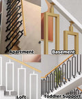 Rock Solid Adjustable Angle Stair Railing Bracket For Balusters And Spindles With Hella Tough Steel Build showcased in various indoor settings.
