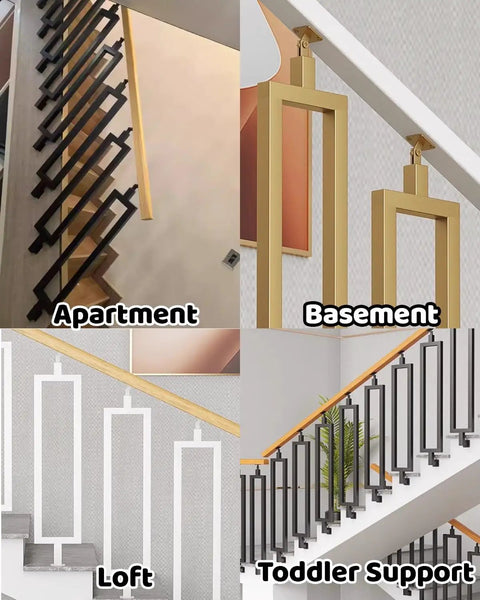 Rock Solid Adjustable Angle Stair Railing Bracket For Balusters And Spindles With Hella Tough Steel Build showcased in various indoor settings.