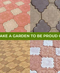 4 Piece Pathmaker Concrete Molds Set For DIY Paver Stones and Stepstones showing various Lily tile patterns on garden paths