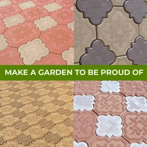 4 Piece Pathmaker Concrete Molds Set For DIY Paver Stones and Stepstones showing various Lily tile patterns on garden paths