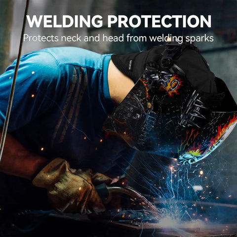 Welder wearing a Reversible Welding Cap for Welders, Thick 10 Oz Fireproof Cotton Beanie with 8-Panel Protection while welding.