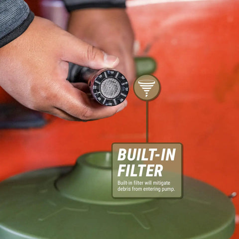 Heavy Duty Electric Pail And Bucket Transfer Pump Shifting 4 5 Gallons Per Minute With Adjustable Flow Nozzle showing built-in filter for debris protection.