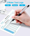 Hand writing on Water Test Kit With TDS Meter And 20 Test Strips, Eight In One Diagnostics, User Action Guide And Two Record Sheets.