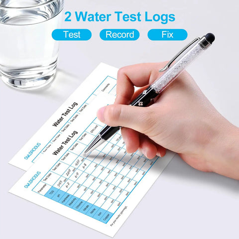 Hand writing on Water Test Kit With TDS Meter And 20 Test Strips, Eight In One Diagnostics, User Action Guide And Two Record Sheets.