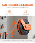 Retractable Air Hose Reel With 100 Foot Rubber Hose Three Eighths Inch 300 Psi Max Auto Rewind mounted on workshop wall