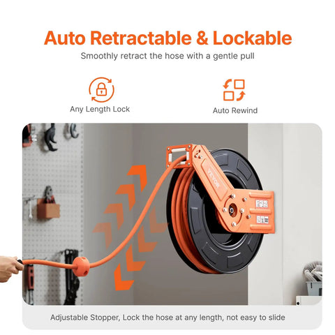 Retractable Air Hose Reel With 100 Foot Rubber Hose Three Eighths Inch 300 Psi Max Auto Rewind mounted on workshop wall