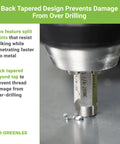 Back tapered design of No Nonsense Combination Drill Tap And Countersink Bit for 10 gauge metal avoiding over-drilling damage.