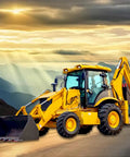Built Tough Heavy Duty Backhoe Loader For Construction And Farm Work with sunlit landscape background