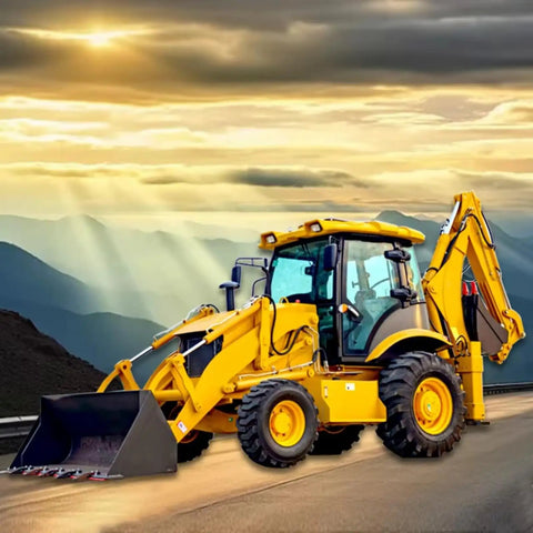 Built Tough Heavy Duty Backhoe Loader For Construction And Farm Work with sunlit landscape background