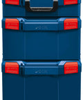 Three blue stackable tool storage cases with 1-click lock, top front and side handles, quick access locking clips, built tough.