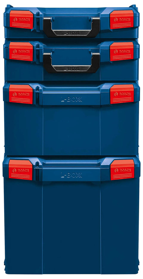 Three blue stackable tool storage cases with 1-click lock, top front and side handles, quick access locking clips, built tough.