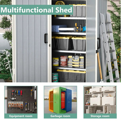 Open 5x3 foot resin outdoor storage shed with floor and lockable door filled with tools, organized bins, and garden essentials.