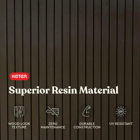 Close-up of Springwood 80 Gallon Resin Outdoor Storage Box material showing wood-like texture and durability features