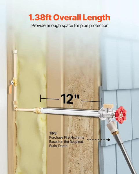 Frost Proof Outdoor Sillcock With No Fuss Anti Siphon Valve installed in wall, showing 12 inch length and hose connection.