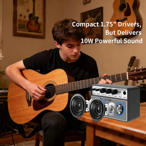 Person playing guitar with Compact Mini Electric Guitar Amp With 3.5mm Headphone Aux Input Dual 5W Speakers nearby on table.