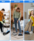 Man, woman, and child using Long Handle Broom And Dustpan Set For Indoor Outdoor Cleaning Upright Stand Dustpan Adjustable Height