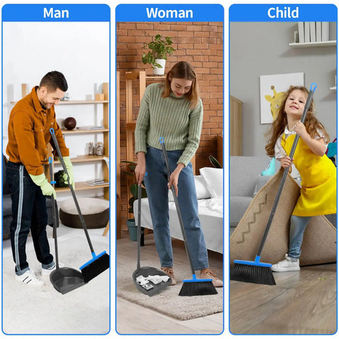 Man, woman, and child using Long Handle Broom And Dustpan Set For Indoor Outdoor Cleaning Upright Stand Dustpan Adjustable Height